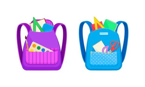 Backpacks full of stationery objects set. School bags with paints, scissors Illustrazione stock