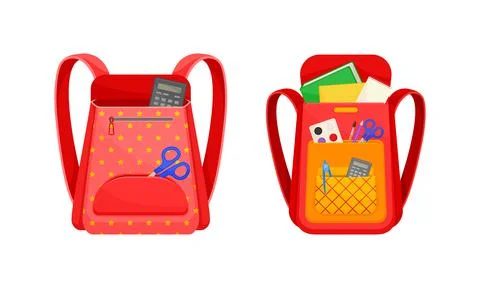 Backpacks full of stationery objects set. Red school bags. Back to school Stock Illustration