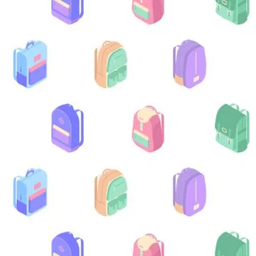 Backpacks seamless pattern with colorful isometric school bags isolated on white Stock-Illustration