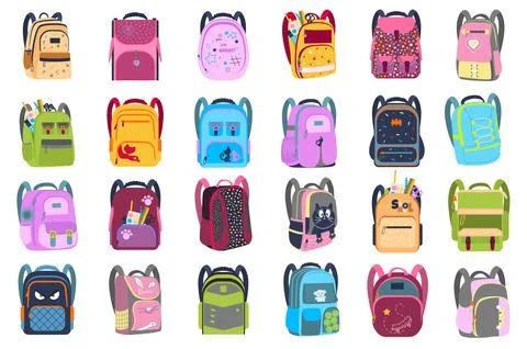 Backpacks set with cute cartoon elements in flat design. Bundle of colorful Stock Illustration