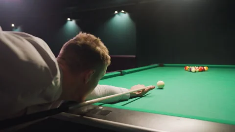 Backshot of Billiard Player Aiming Break Shot on Green Pool Table Stock Footage 302993390