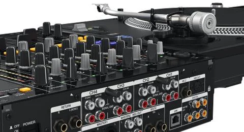 Backside dj mixer, ports, controllers, close view Stock-Illustration