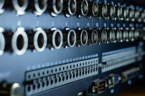 Backside of DVR with inputs for video cameras. Modern CCTV systems. Stock Photos