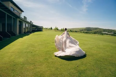 Backside view, bride runs in white wedding dress with veil on green field Stock Photos