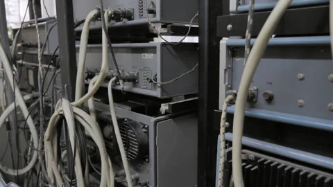 Backside View Of Connected Servers With Wires Stock Footage 240565899