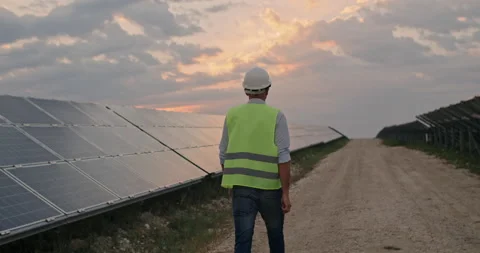Backside view of male engineer in uniform walking and looking at solar power Video stock 140207685