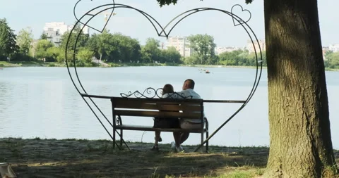 Backside view of a romantic love couple sitting on a bench with heart form Stock Footage 139563812