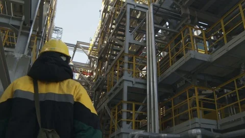 Backside View Worker Walks among Oil Refinery Pipeline System Stock Footage 79209081