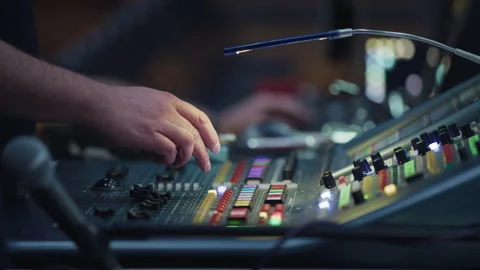 Backstage control room. Control panel with multiple buttons and switches Video stock 254959339