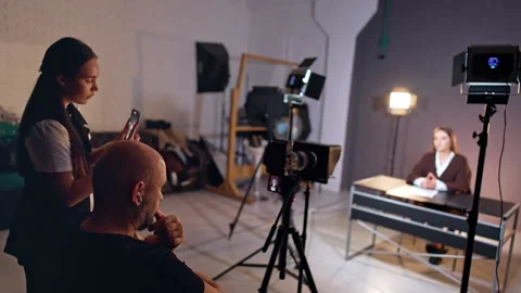 Backstage of program footage in modern studio.  Stock Footage 312761677