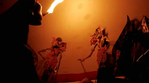 Backstage view, leather puppets played by the storyteller Video stock 135086814