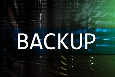 Backup button on modern server room background. Data loss prevention. System  Illustrazione stock