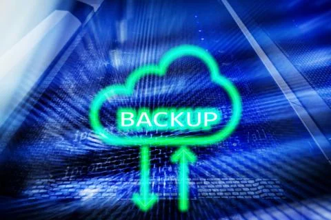 Backup button on modern server room background. Data loss prevention. System  Stock Illustration