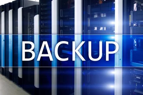 Backup button on modern server room background. Data loss prevention. System  Illustrazione stock