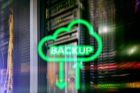 Backup button on modern server room background. Data loss prevention. System  스톡 일러스트