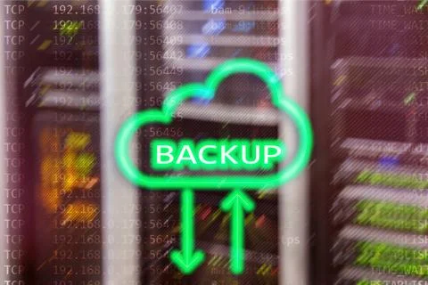 Backup button on modern server room background. Data loss prevention. System  Stock-Illustration
