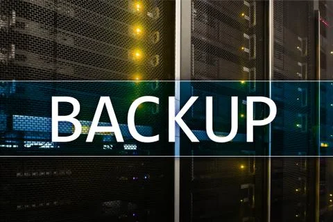 Backup button on modern server room background. Data loss prevention. System  스톡 일러스트