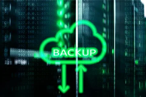 Backup button on modern server room background. Data loss prevention. System  Stock Illustration