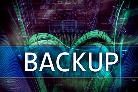 Backup button on modern server room background. Data loss prevention. System 스톡 일러스트