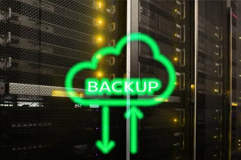 Backup button on modern server room background. Data loss prevention. System  Stock Photos