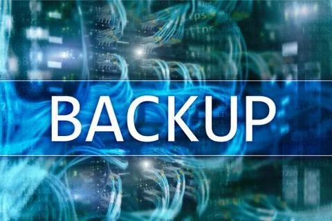Backup button on modern server room background. Data loss prevention. System  Stock-Fotos