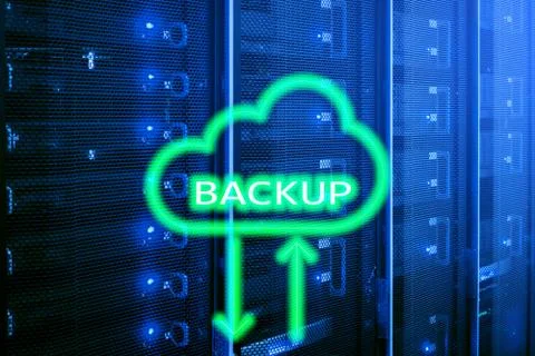 Backup button on modern server room background. Data loss prevention. System  Foto stock