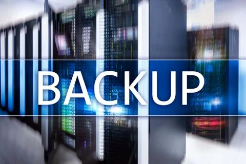 Backup button on modern server room background. Data loss prevention. System  Stockfoto's