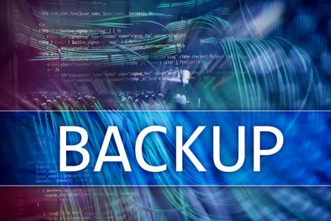 Backup button on modern server room background. Data loss prevention. System  Stockfoto's