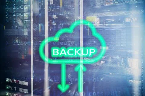 Backup button on modern server room background. Data loss prevention. System  Stock Photos