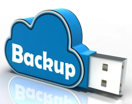 Backup cloud pen drive means data storage or safe copy Illustrazione stock