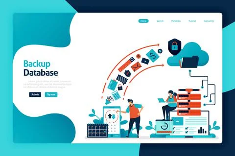 Backup database landing page design. secure personal data with internet backu Stock Illustration