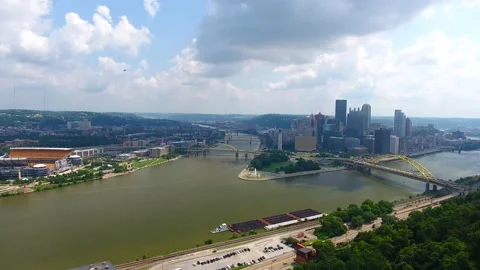 Backup Drone Aerial View, Downtown Pittsburgh, Pennsylvania, Heinz Field, River  Stock Footage 194884430
