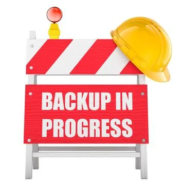 Backup in Progress sign with barrier and helmet. 3D rendering Stock Illustration