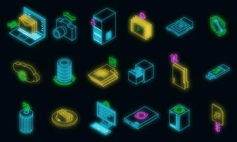 Backups icons set vector neon Stock Illustration