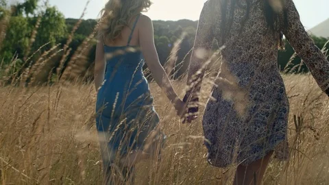 Backview of best girlfriends walking in field holding hands Video stock 93328951