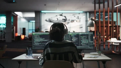 Backview Black Female Programmer Coding In Gamedev Office Video stock 255796423