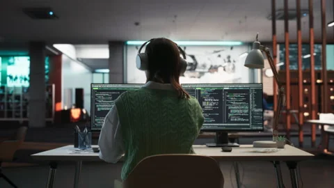 Backview Female Programmer Coding In Gamedev Office Video stock 255796358