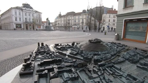 Backward dolly moving close up over bronze mockup 3D map of Ljubljana city Stock Footage 127519558