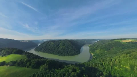 Backward Drone Flight from Danube Revealing Mühlviertel Fields and Village 스톡 동영상 345022275