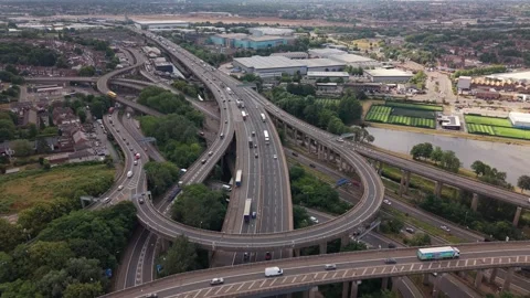 Backward Drone Flight Over Spaghetti Junction Motorway Interchange in Birmingham Stock-Footage 338164557