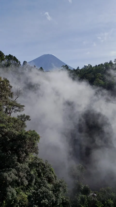 Backward Drone Flight Over Tumpak Sewu Canyon With Mount Semeru, Java 스톡 동영상 329004994