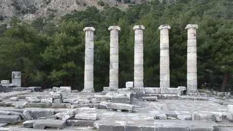 Backward flight from the front side of Athena Temple columns to the ground Stock Footage 104010081