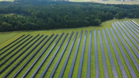 Backward Flight Over a Solar Farm (agrivoltaics) in Front of a Large Forest Video stock 343892790