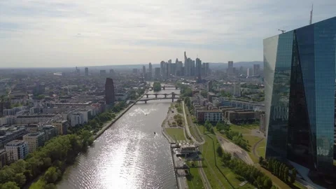 Backward reveal from Main River to ECB and skyline Stock Footage 331874379
