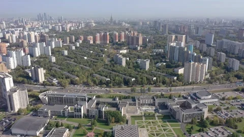 Backward rising drone flight over MGIMO campus Stock Footage 324545319