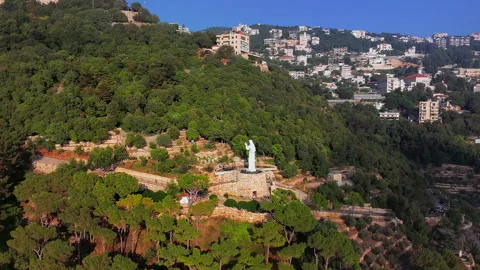 Backward Shot Of Statue Of Jesus Of Divine Mercy In Jabal El Rahme, Ghosta Видео 331645285