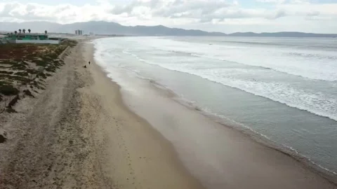 Backward shot of surf breaking on a beach with dunes Video stock 147696311