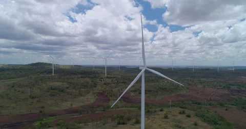 Backward tracking view of Wind Turbines at wind farm, QLD, Australia Stock Footage 297595579