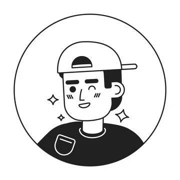 Backwards baseball cap guy winking smiling bw 2D vector avatar illustration Stock Illustration