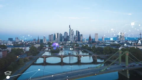 Backwards fly above river flowing through city at dusk. Various digital visual Stock Footage 197048133